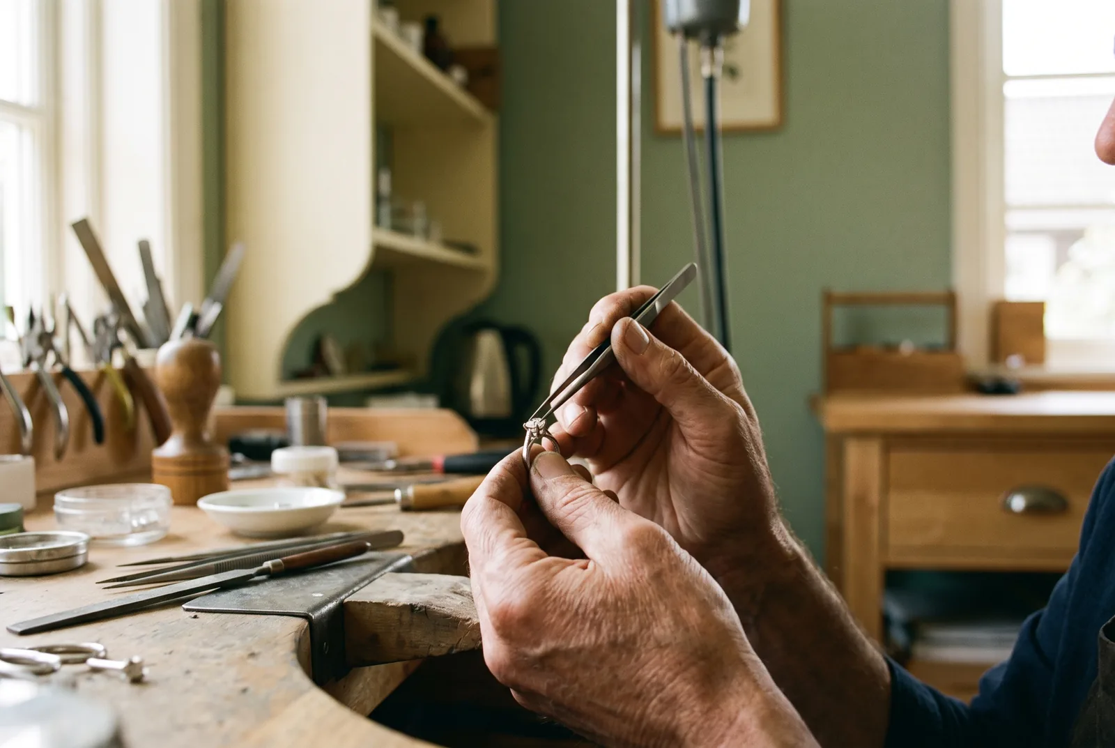 A jeweller setting a diamond into a platinum ring at a workbench